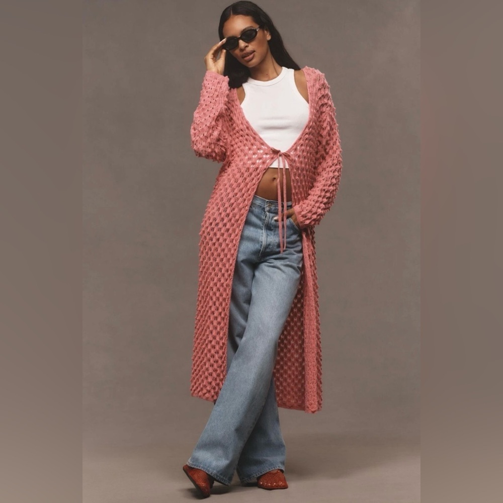 NEW! Anthropologie Maeve Long Front-Tie Popcorn Cardigan Pink Small Medium Large